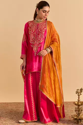 Pink embroidered velvet sharara set with dupatta