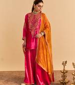 Pink embroidered velvet sharara set with dupatta