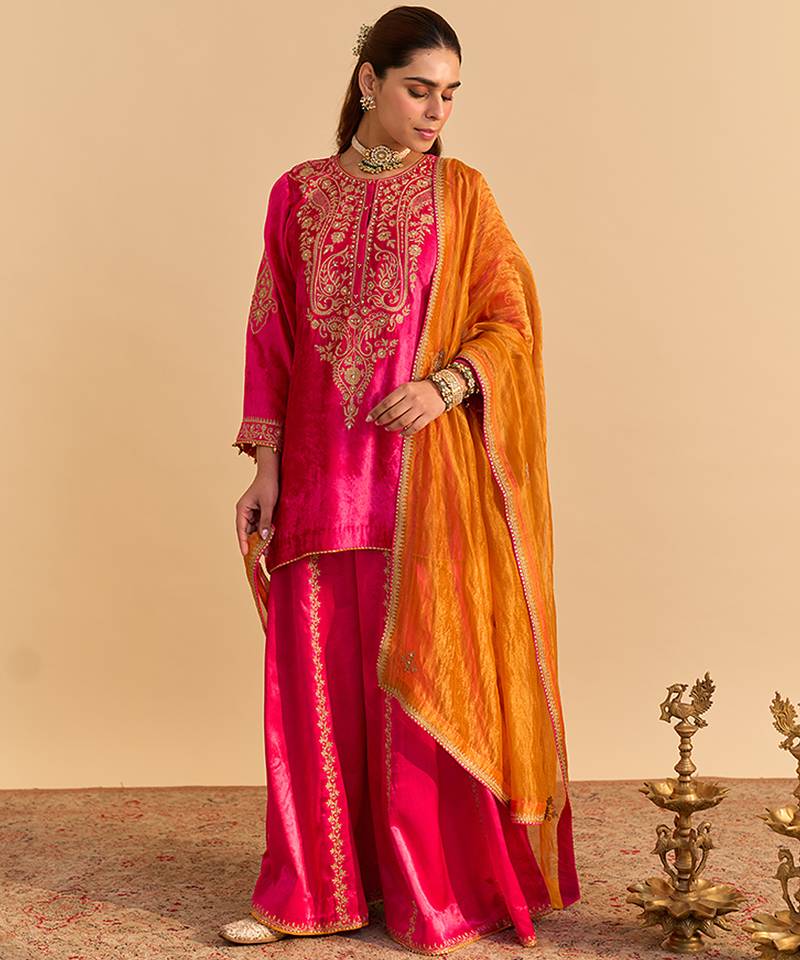 Pink embroidered velvet sharara set with dupatta