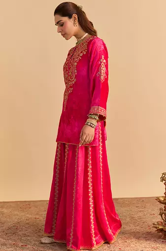 Pink embroidered velvet sharara set with dupatta