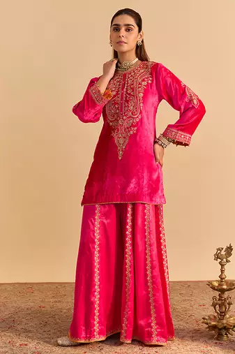 Pink embroidered velvet sharara set with dupatta