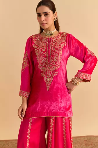 Pink embroidered velvet sharara set with dupatta