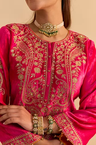 Pink embroidered velvet sharara set with dupatta