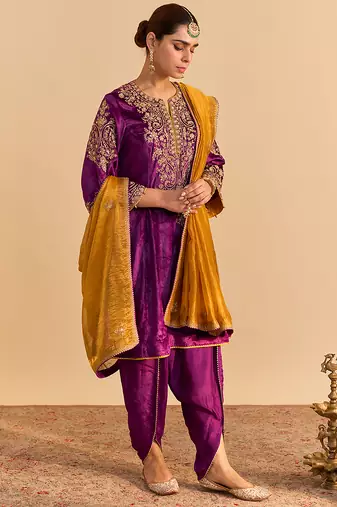 Purple embroidered velvet kurta set with dupatta