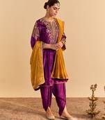Purple embroidered velvet kurta set with dupatta