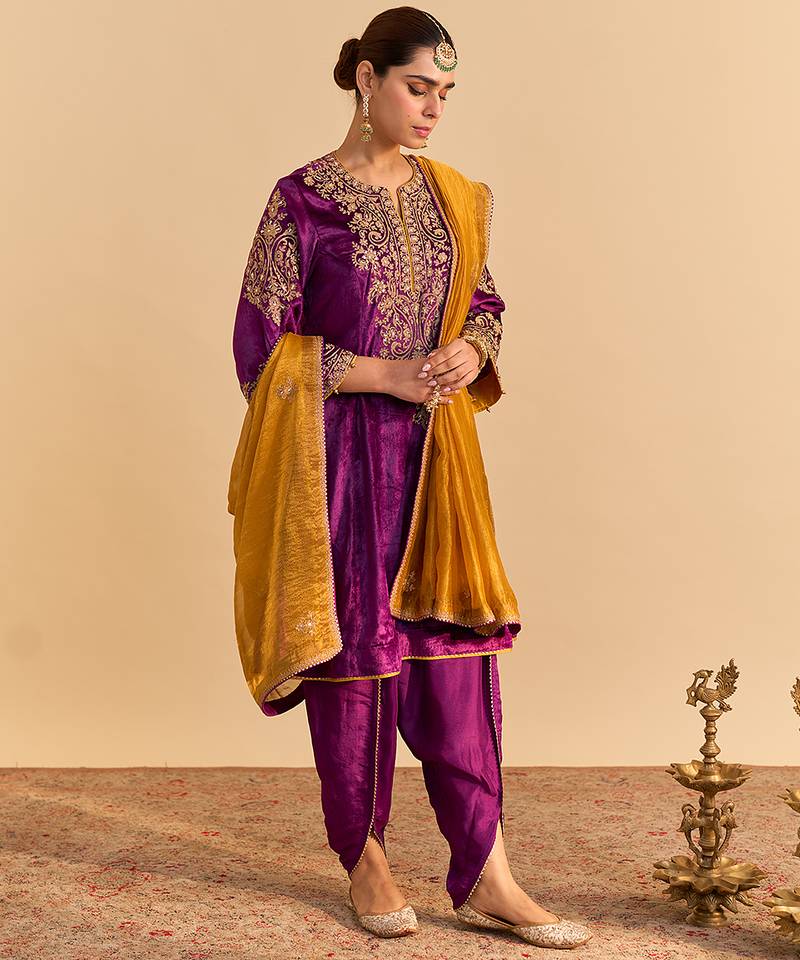 Purple embroidered velvet kurta set with dupatta