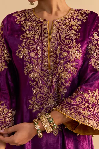 Purple embroidered velvet kurta set with dupatta