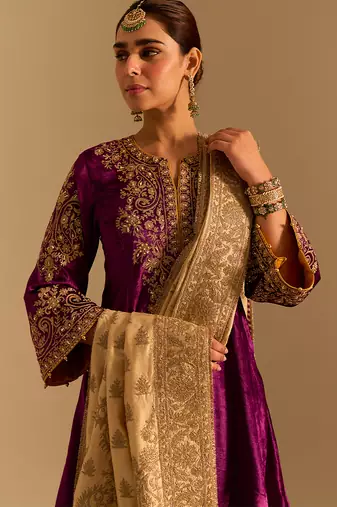 Purple embroidered velvet kurta set with dupatta