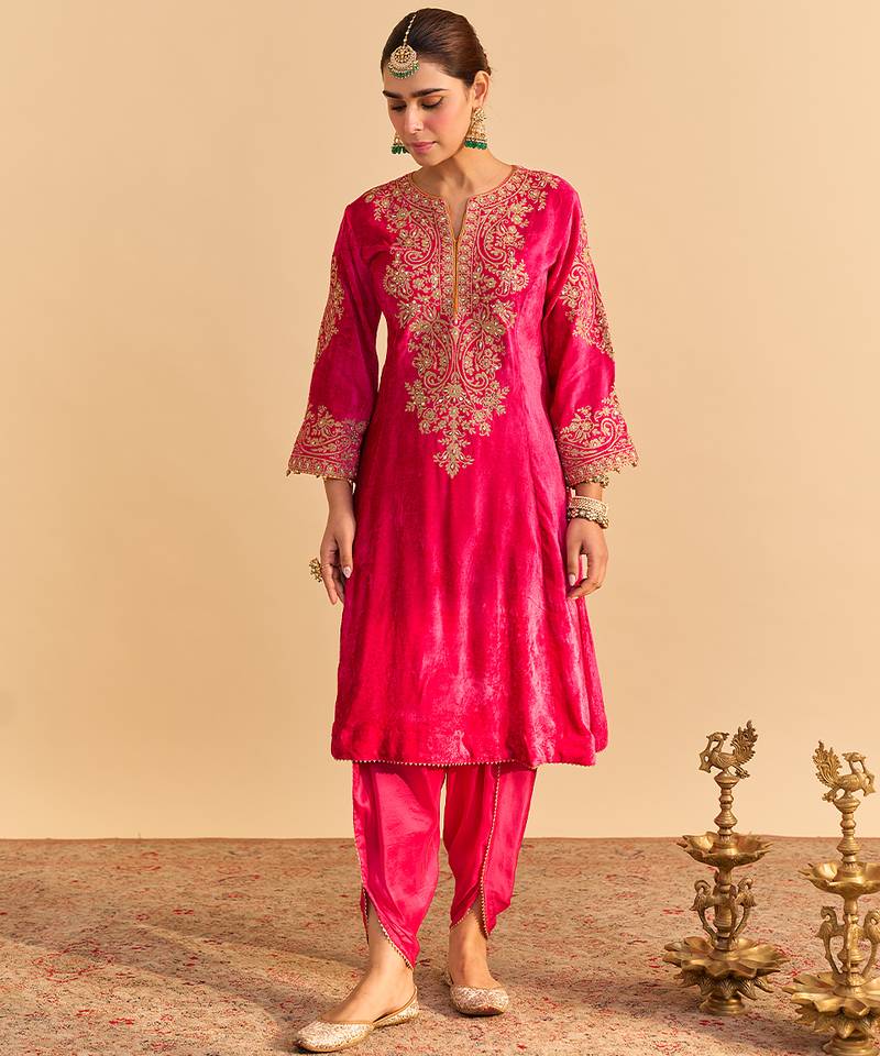 Pink embroidered velvet kurta set with dupatta