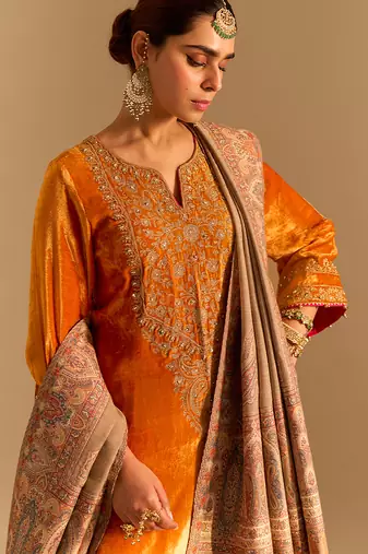 Orange embroidered velvet kurta set