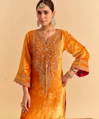 Orange embroidered velvet kurta set 5