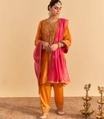 Orange embroidered velvet kurta set with dupatta