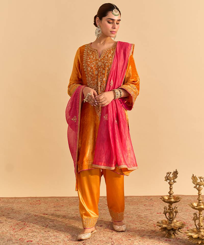 Orange embroidered velvet kurta set with dupatta