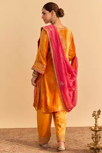 Orange embroidered velvet kurta set with dupatta
