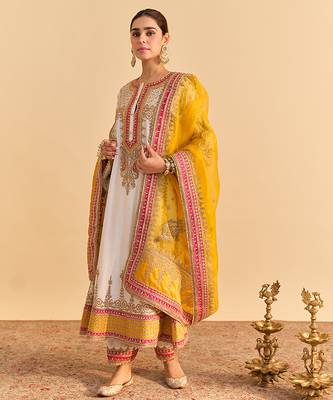 White embroidered silk anarkali set with dupatta 1