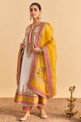 White embroidered silk anarkali set with dupatta