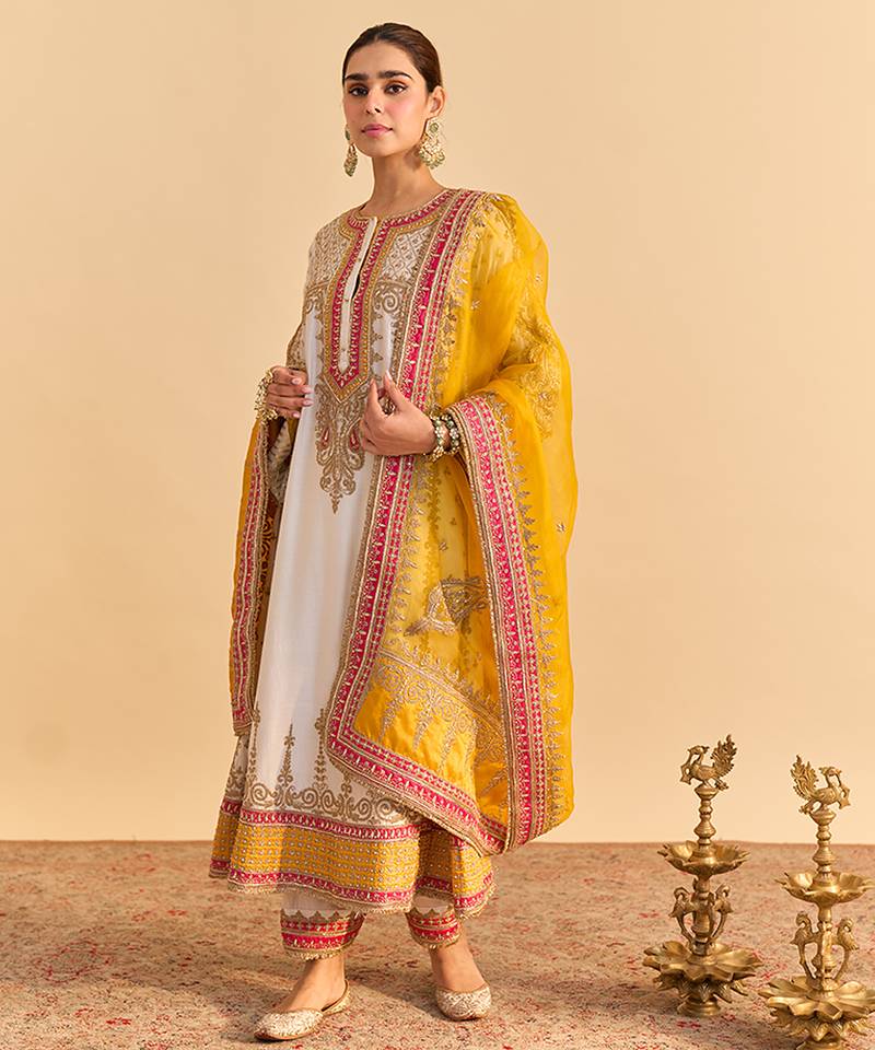 White embroidered silk anarkali set with dupatta