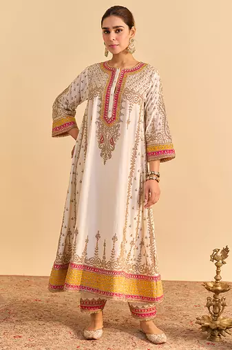 White embroidered silk anarkali set with dupatta