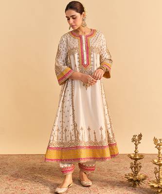 White embroidered silk anarkali set with dupatta 3