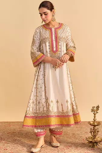 White embroidered silk anarkali set with dupatta