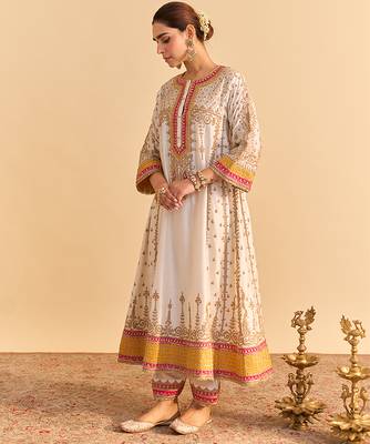 White embroidered silk anarkali set with dupatta 4