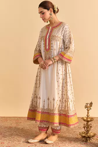 White embroidered silk anarkali set with dupatta