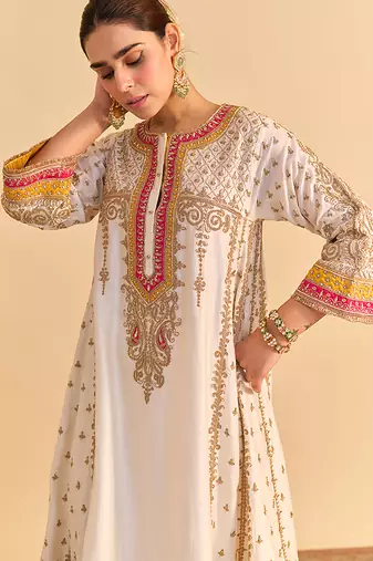 White embroidered silk anarkali set with dupatta
