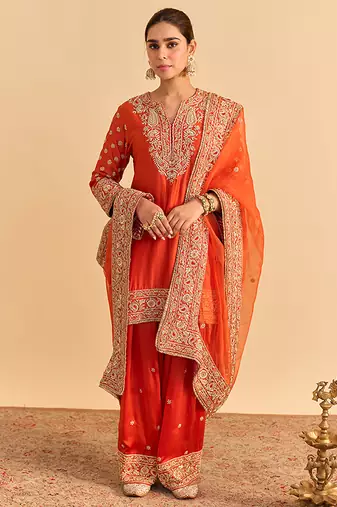 Orange embroidered silk kurta set with dupatta