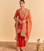Orange embroidered silk kurta set with dupatta