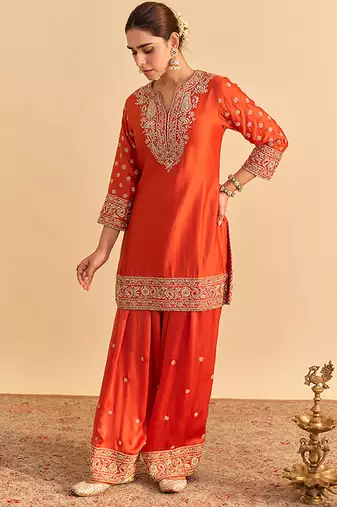 Orange embroidered silk kurta set with dupatta