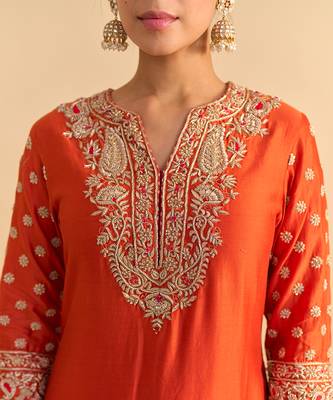 Orange embroidered silk kurta set with dupatta 4