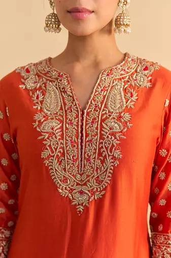 Orange embroidered silk kurta set with dupatta