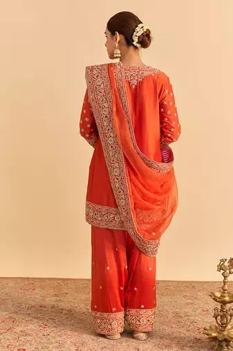 Orange embroidered silk kurta set with dupatta
