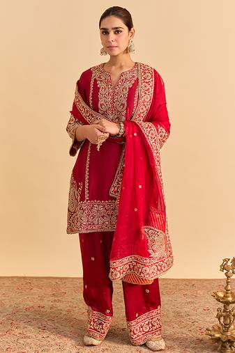 Red embroidered silk kurta set with dupatta