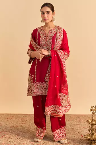 Red embroidered silk kurta set with dupatta
