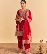 Red embroidered silk kurta set with dupatta