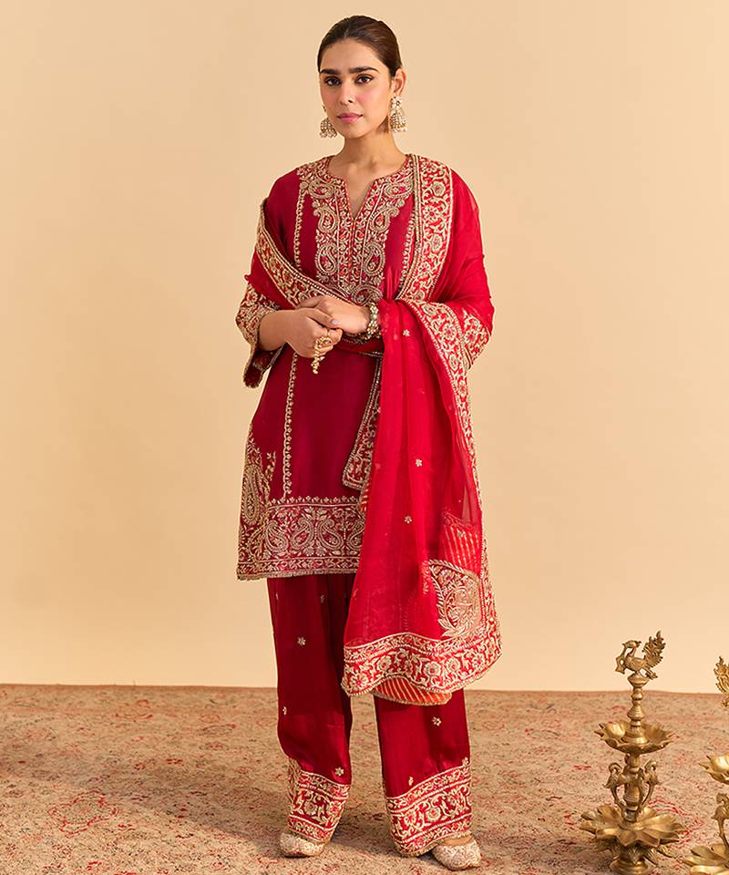 Red embroidered silk kurta set with dupatta