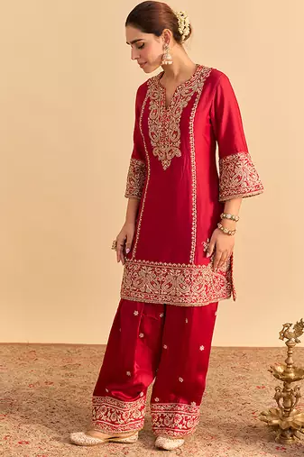 Red embroidered silk kurta set with dupatta