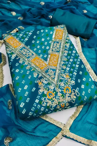  blue embroidery & print rayon dress material 