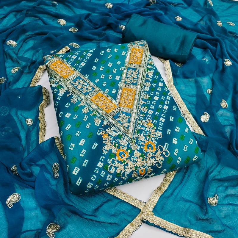  blue embroidery & print rayon dress material 