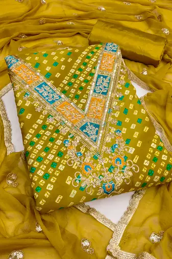  green embroidery and print rayon dress material 