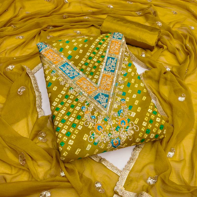  green embroidery and print rayon dress material 