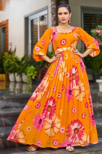 orange readymade georgette kurti set for women