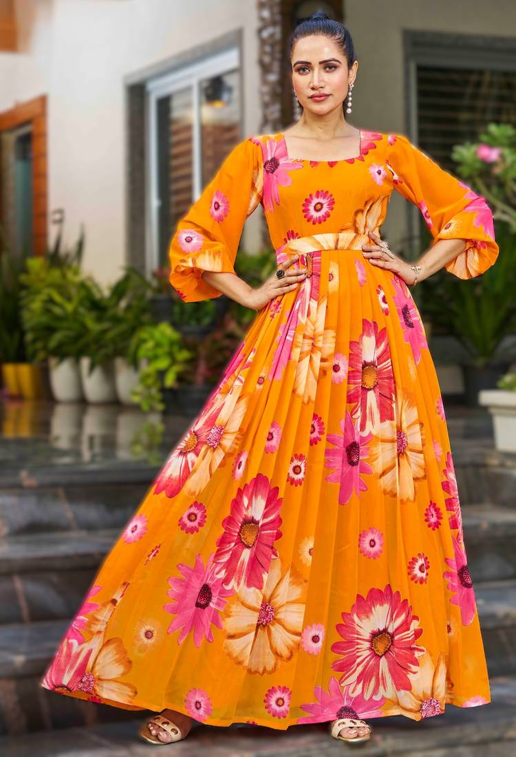 orange readymade georgette kurti set for women