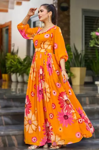 orange readymade georgette kurti set for women