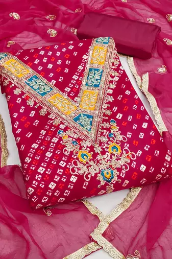  pink embroidery and print rayon dress material 