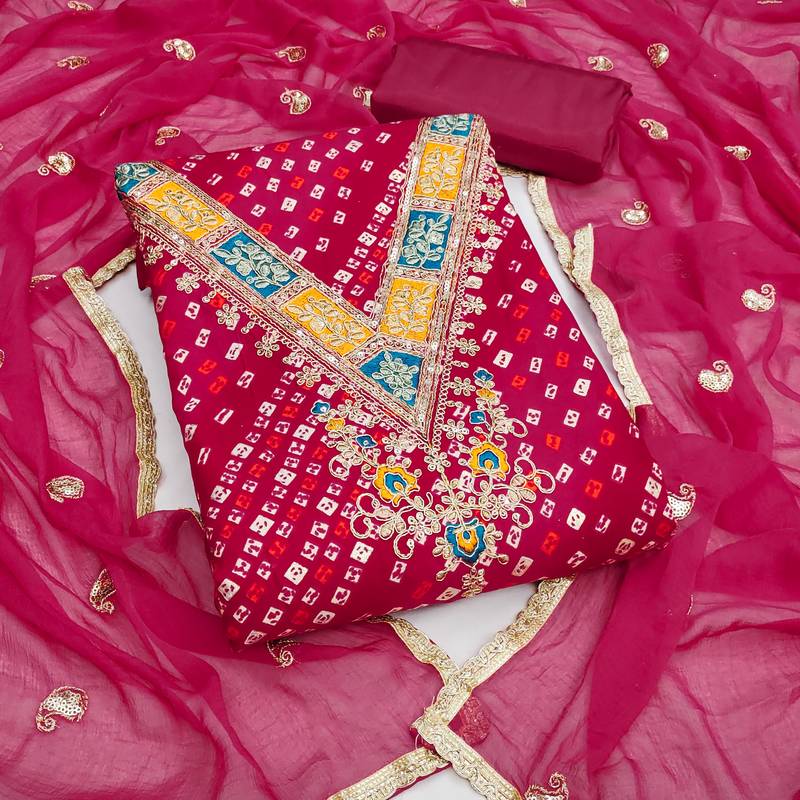  pink embroidery and print rayon dress material 