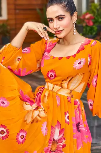 orange readymade georgette kurti set for women