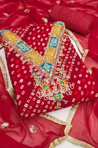  red embroidery and print rayon dress material 