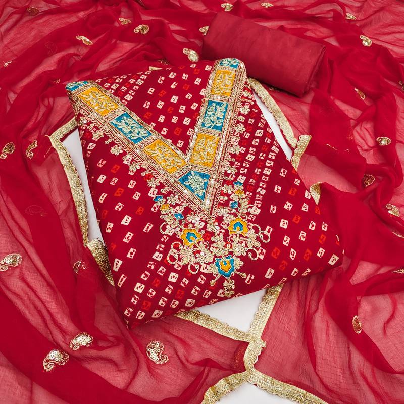  red embroidery and print rayon dress material 